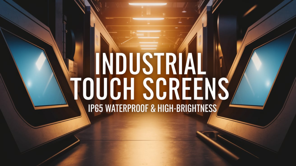 Rugged industrial touch screen with IP65 waterproofing and high-brightness display operating in a factory environment