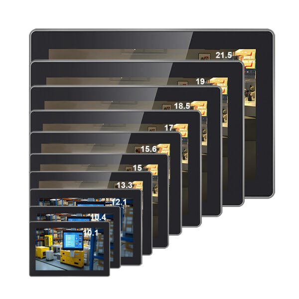 Touch Screen Display mounted in a kiosk setup, demonstrating its versatility in installation.
