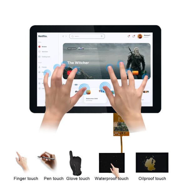 Multi-touch screen module demonstrating finger, pen, glove, waterproof, and oilproof touch capabilities