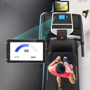 A touch screen panel PC displaying fitness data on a treadmill.
