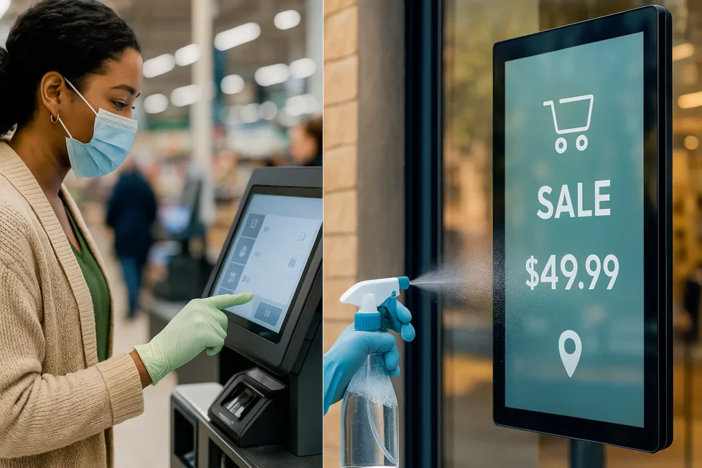 Self-checkout kiosk and high-brightness retail signage