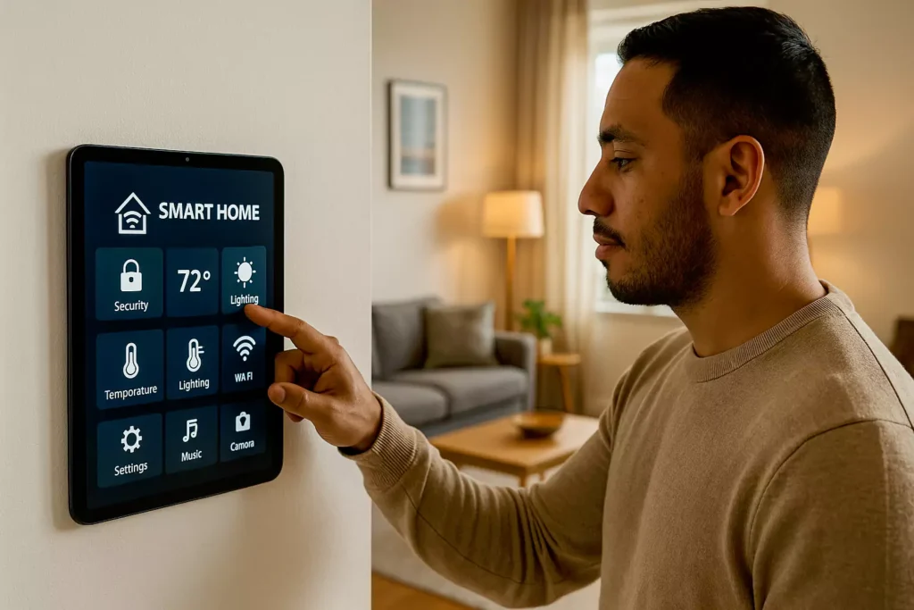 Smart home hub screen with gesture, voice, and touch control