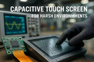 Factory HMI with panel-mount industrial touch screen, IP65 sealed bezel, glove touch