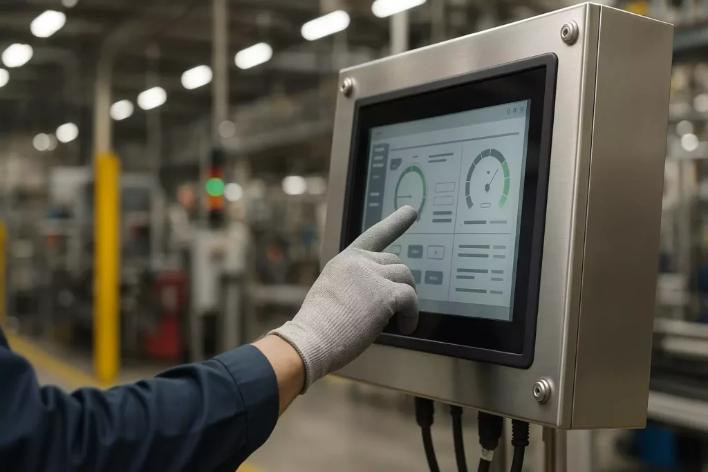 Industrial touch screen used on a factory HMI with gloves, IP65 front sealing, 1500-nit display under bright lighting