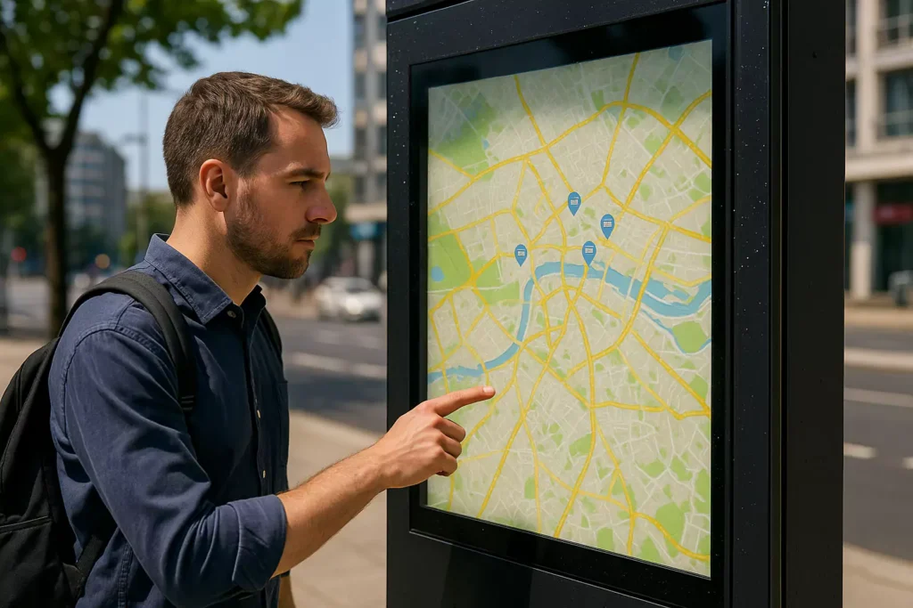 Outdoor wayfinding display showing city map and transit routes in direct sunlight