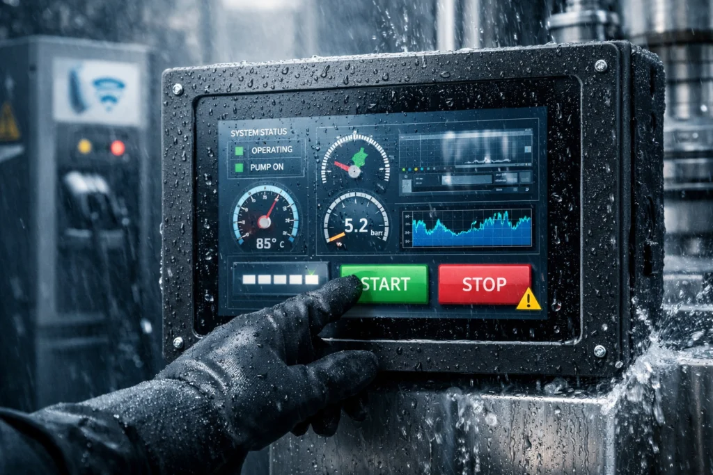 Waterproof industrial touchscreen used in an outdoor or harsh industrial environment