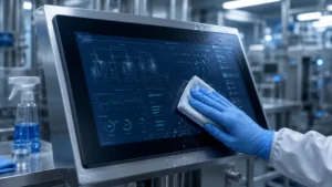 Industrial touch display undergoing a chemical resistance cleaning test to prevent coating damage, haze, and touch failure