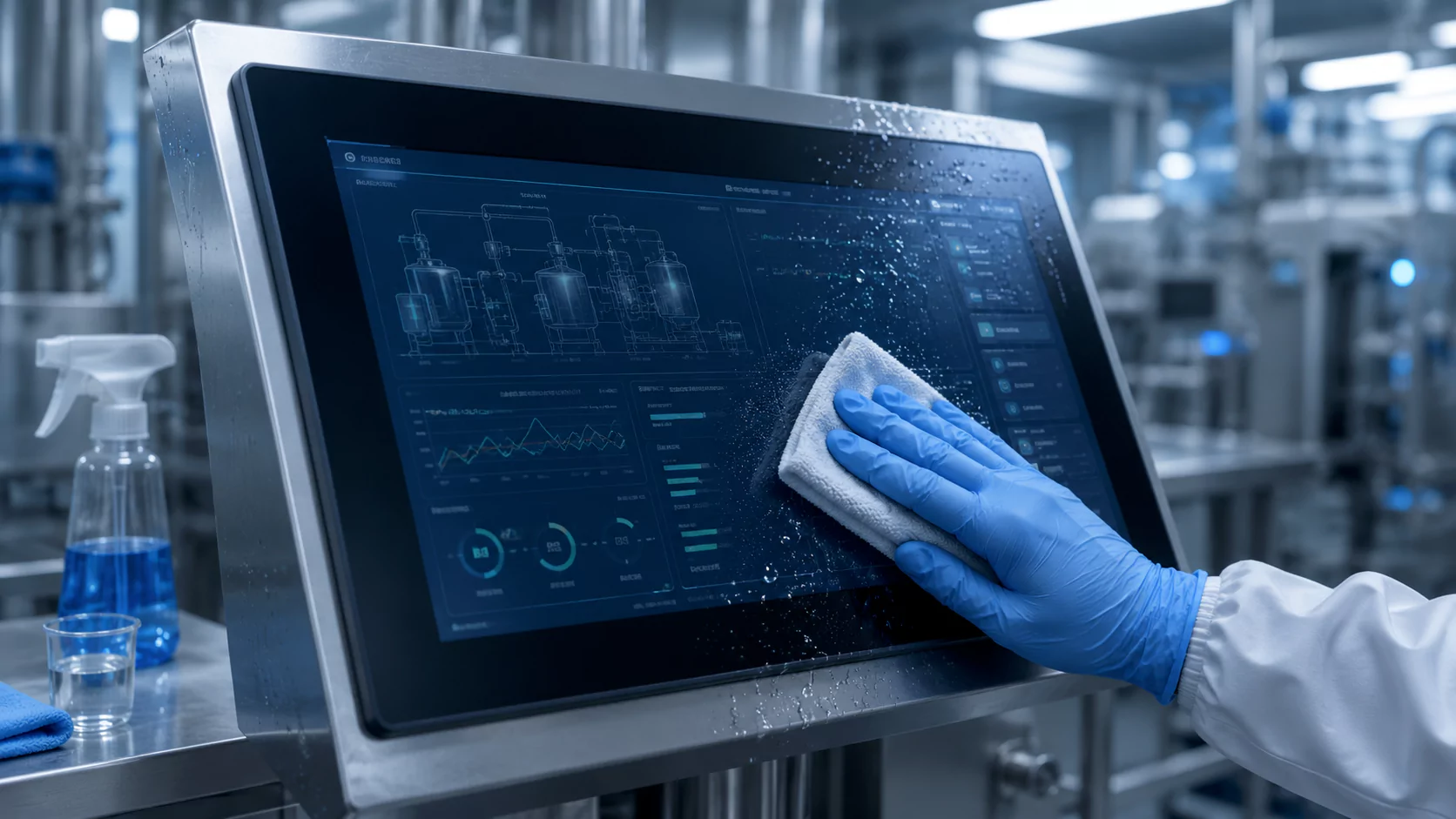 Industrial touch display undergoing a chemical resistance cleaning test to prevent coating damage, haze, and touch failure
