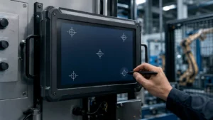 Industrial touch display showing a touch calibration interface in a workshop, illustrating a touch screen calibration solution for industrial applications