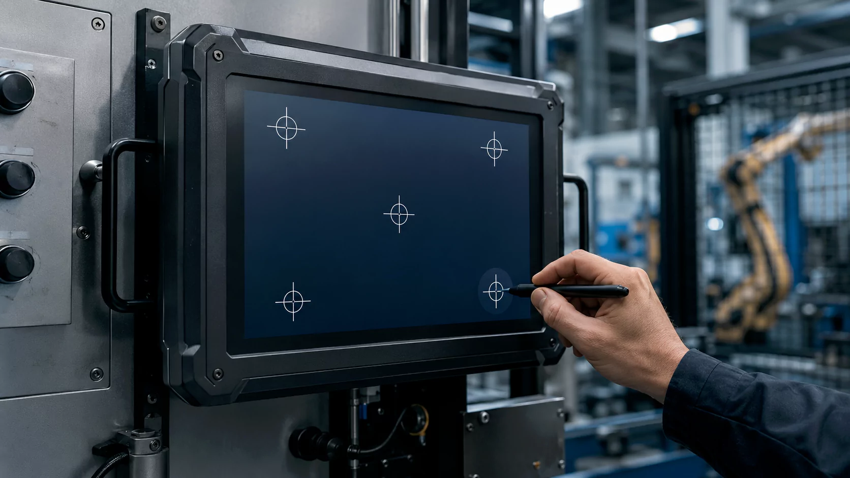 Industrial touch display showing a touch calibration interface in a workshop, illustrating a touch screen calibration solution for industrial applications