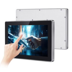 Industrial touch screen monitor for kiosk with front touch interaction and rear housing
