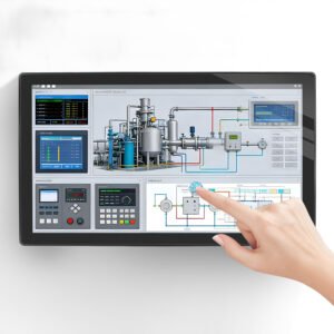 Panel mount touch screen monitor front and side view with slim industrial housing