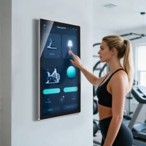 Wall mount touch screen monitor used as an interactive fitness control interface