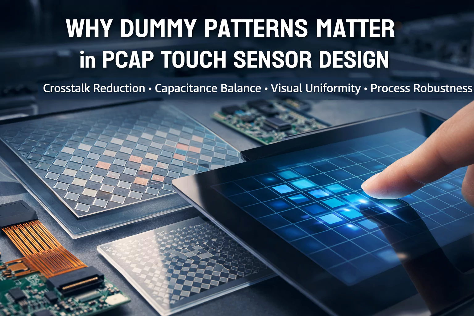 PCAP touch sensor dummy pattern design showing ITO layout optimization for crosstalk reduction and visual uniformity