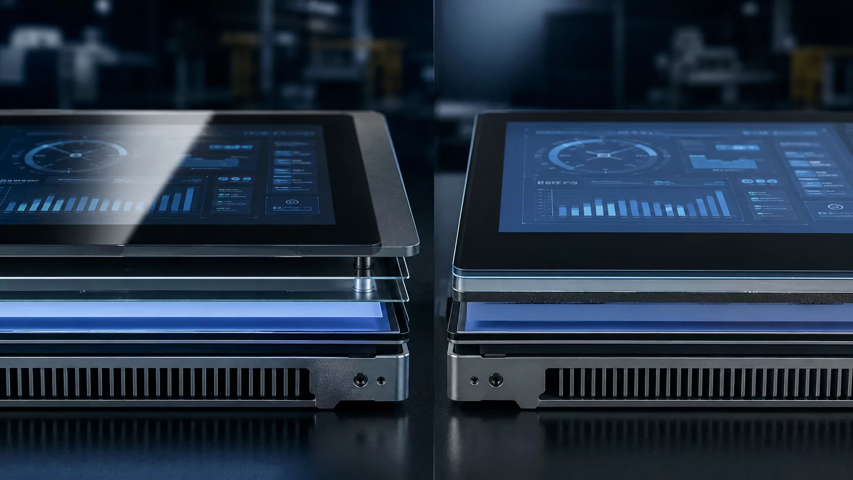 Air bonding vs optical bonding comparison for industrial touch displays showing air gap structure and fully laminated optical bonding structure