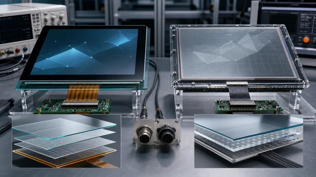 Capacitive and resistive industrial touch screen panels compared on an engineering test bench