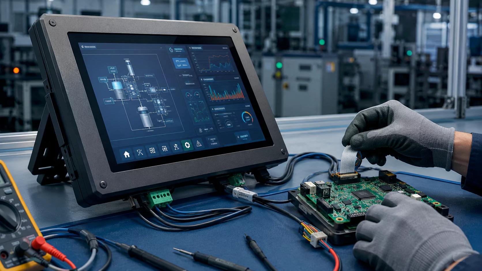 Technician troubleshooting a touch controller board on an industrial electronics workbench for industrial touch screen repair