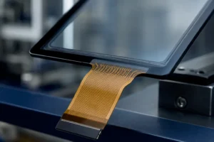Industrial touch screen FPC root design with rounded transition and tear relief line for better bending reliability and depaneling strength