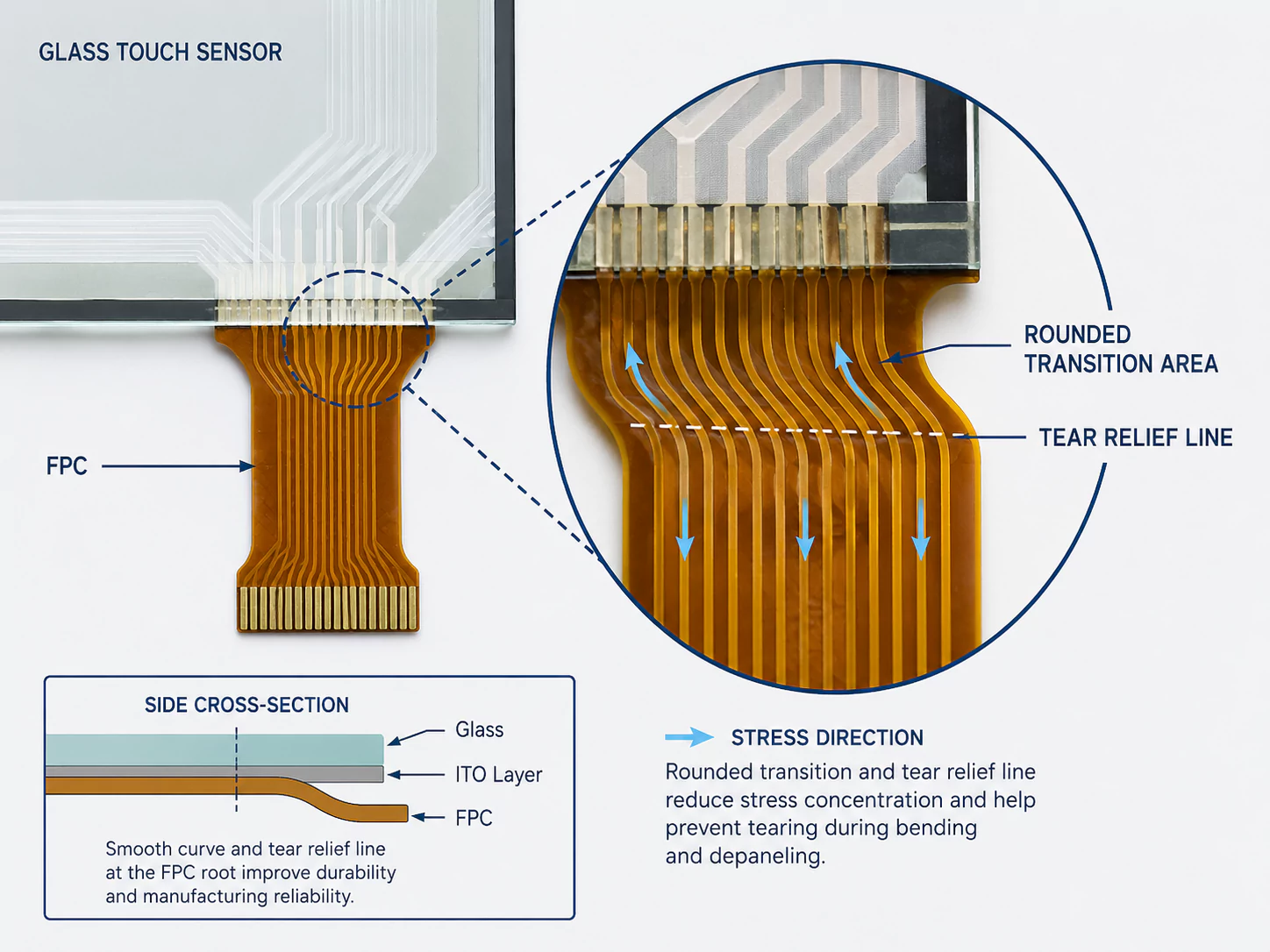 Close-up diagram of touch screen FPC root design showing rounded transition and tear relief line for improved reliability