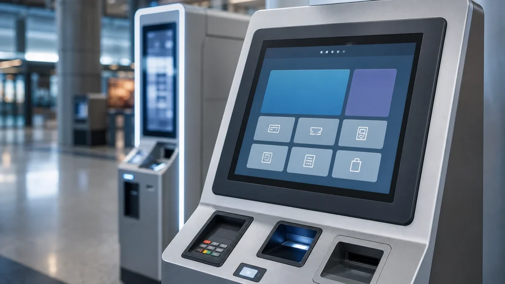 Industrial touch screen kiosk display integrated into a self-service terminal enclosure