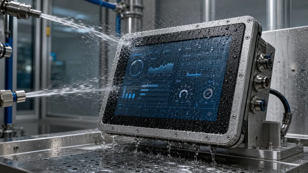 IP65 waterproof industrial touch screen monitor with water droplets on sealed front glass