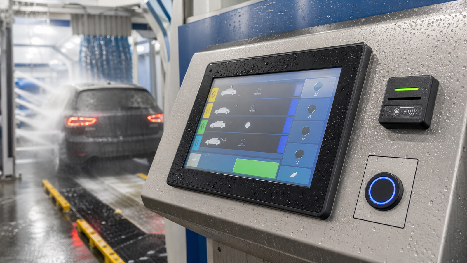 Waterproof car wash machine touch screen HMI with sealed glass water droplets and industrial cabinet