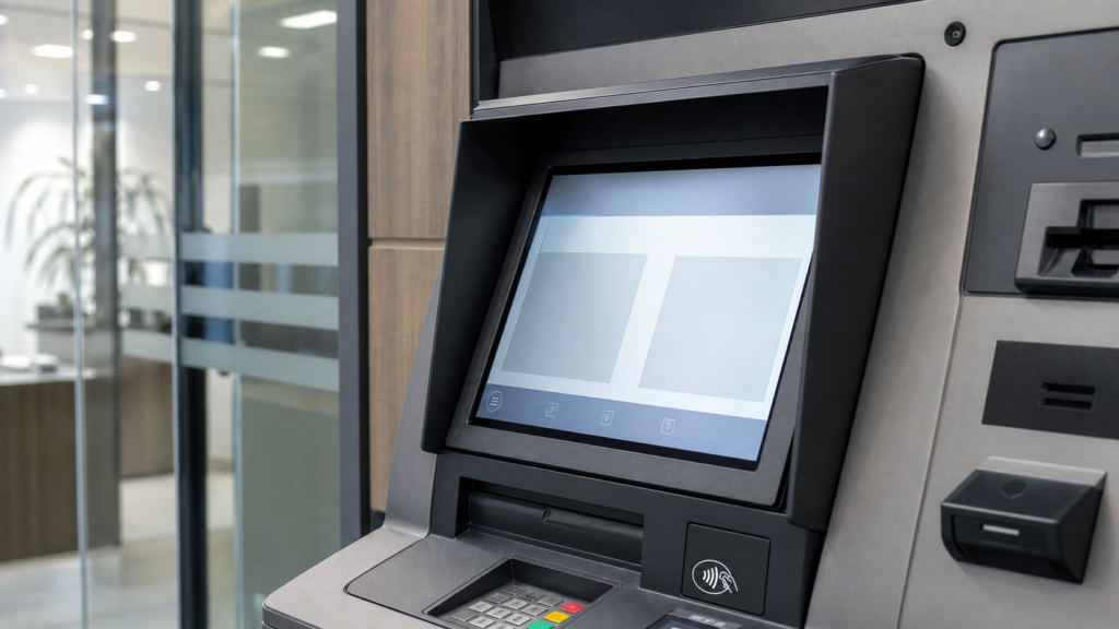 Financial self-service touch display for ATM VTM and outdoor payment kiosk with privacy shield and PCAP glass