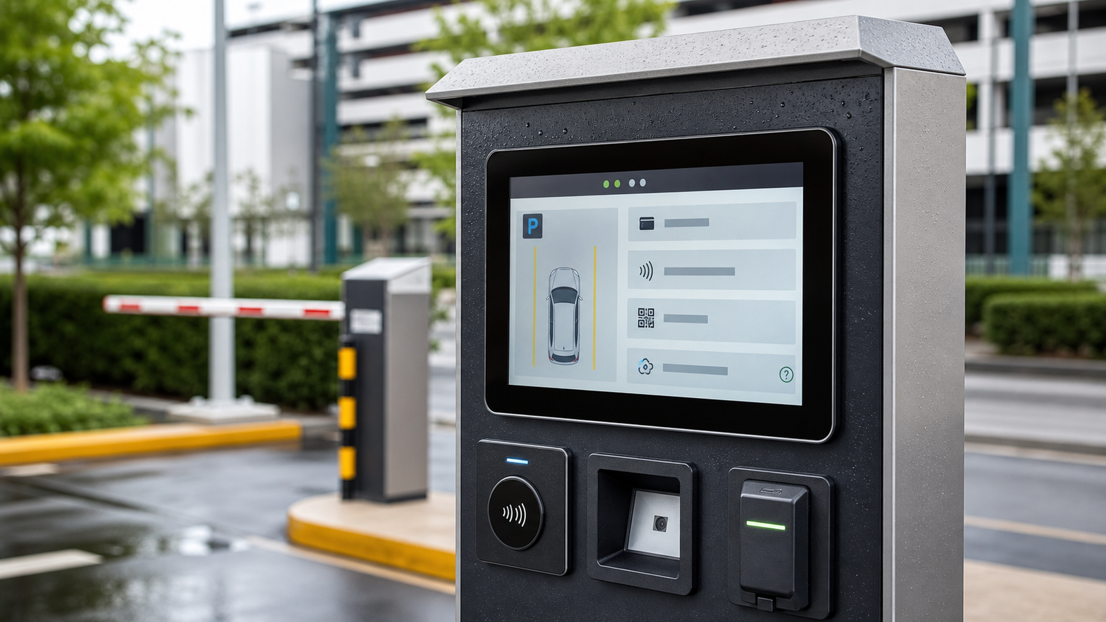 Outdoor parking payment kiosk touch screen HMI with IP65 sealed front glass card reader NFC and barrier gate