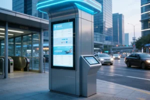 Self-service kiosk touch screen features including sensitivity durability sunlight readability and interference resistance