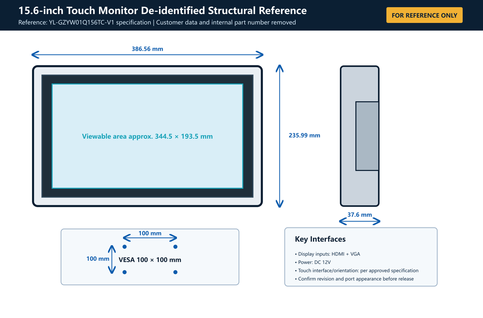 Referencia estructural desidentificada de monitor táctil de 15,6 pulgadas