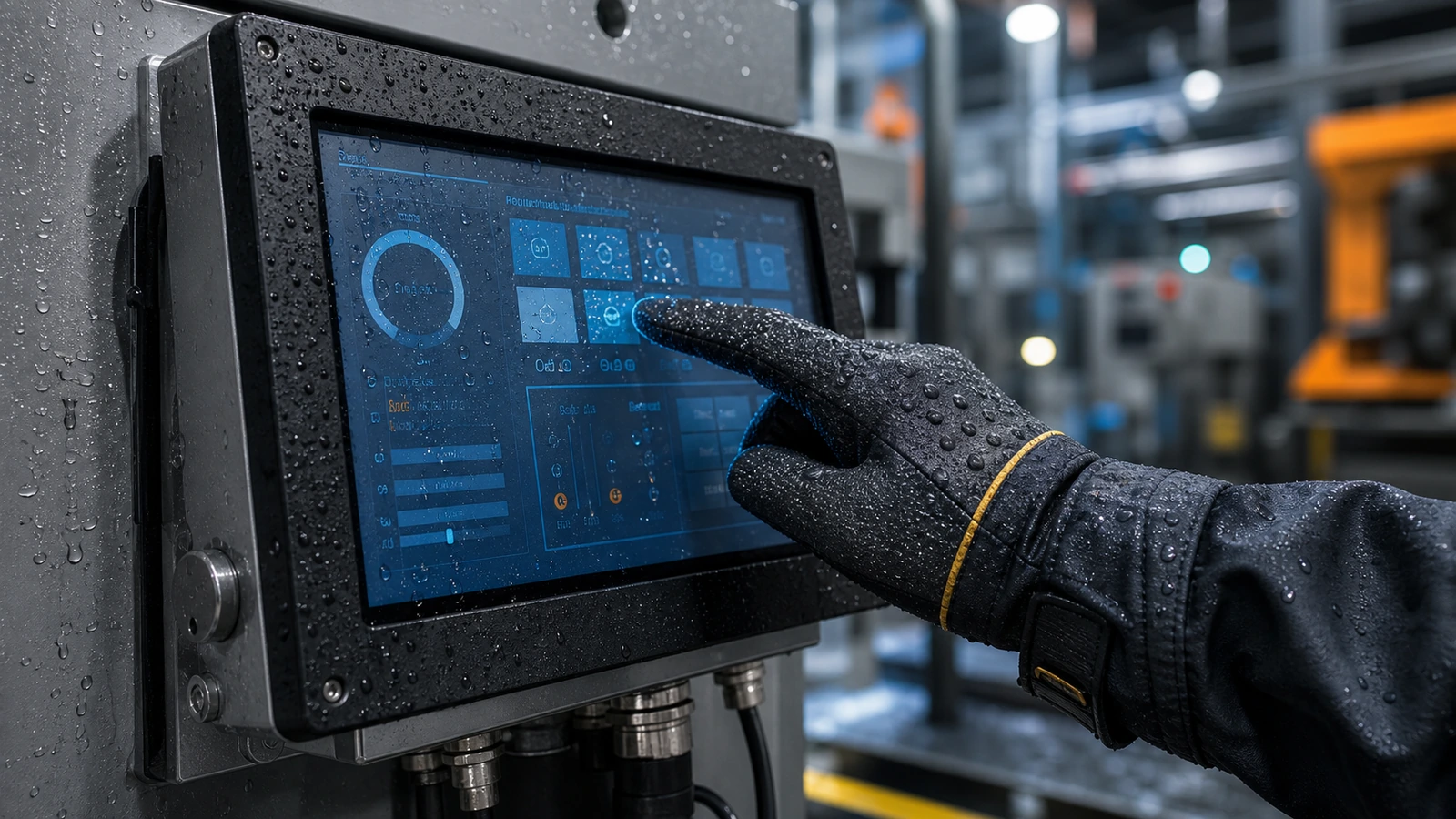 Operatore che usa un touchscreen industriale con guanti
