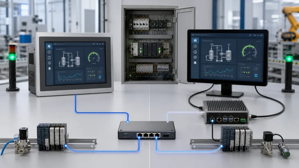 Web HMI hardware architecture showing a panel PC and an industrial touch monitor with an external IPC controller