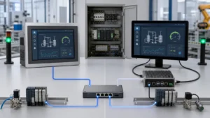 Web HMI hardware architecture showing a panel PC and an industrial touch monitor with an external IPC controller
